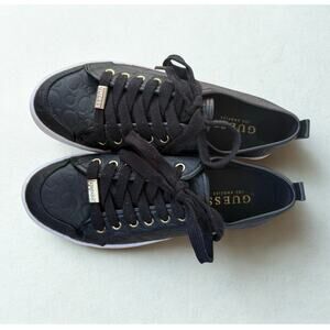 Guess Black Logo Sneakers Women’s Size 5.5M Gold Hardware Lace Up
